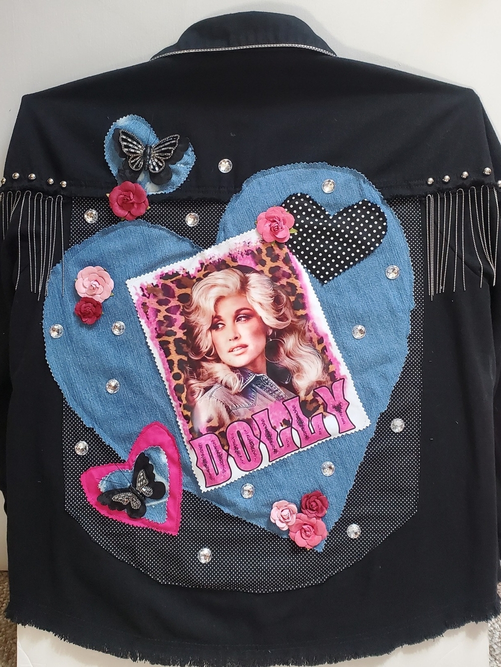 Black Dolly Graphic Embellished Jacket with Blue Heart Upcycled